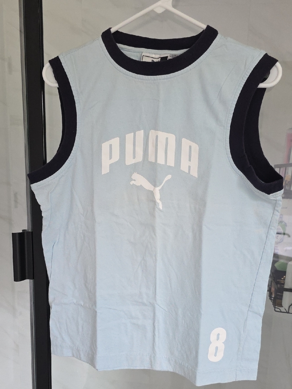 Puma Light Blue Sleeveless Tank with Navy Trim and White Logo